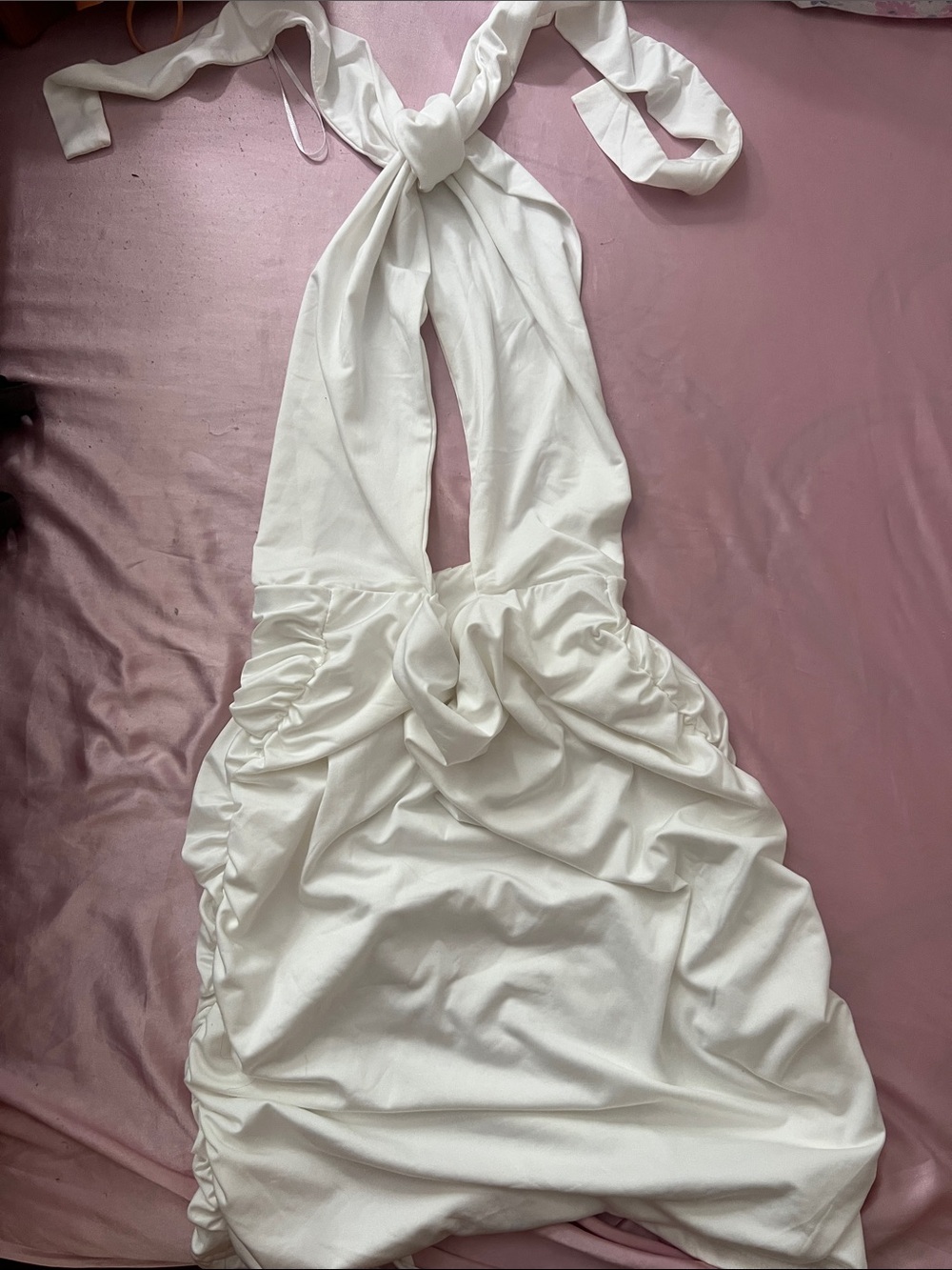 White Halter Tie-Back Ruched Dress